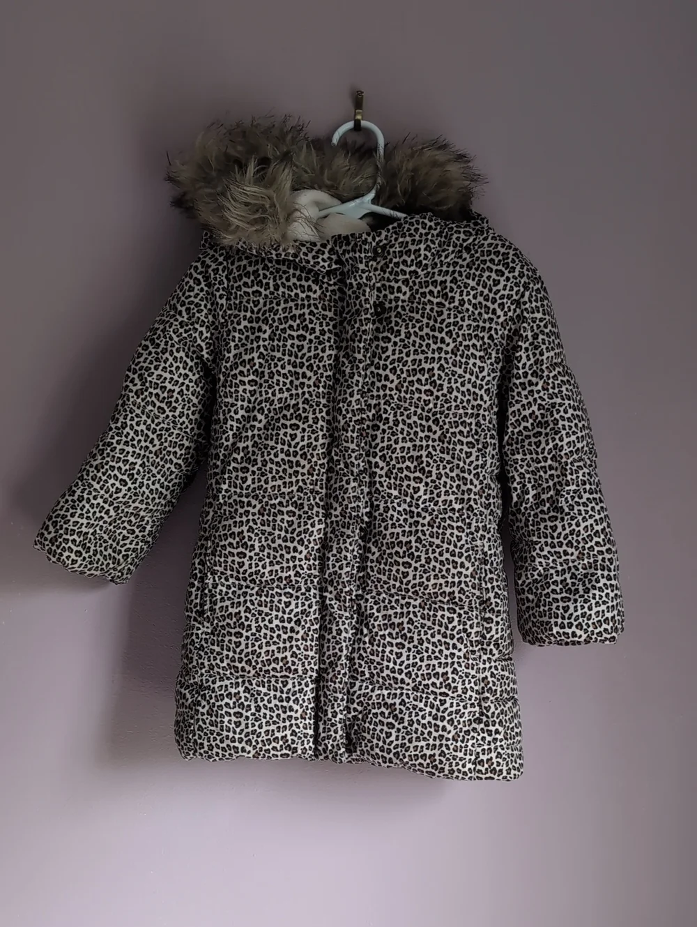 GAP Leopard Print Puffer Coat with Faux Fur Hood - Beige & Black
